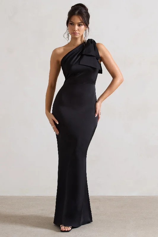 Lady | Black Satin One Shoulder Maxi Dress With Bow