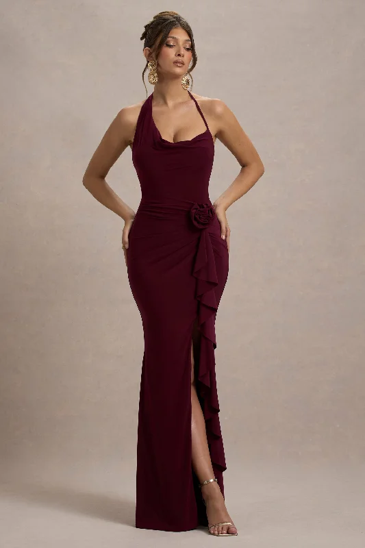 Lucena | Burgundy Cowl-Neck Wrap Maxi Dress With Floral Drape