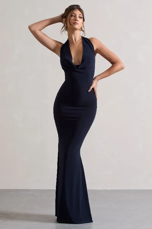 Milani | Navy Backless Cowl Neck Fishtail Maxi Dress