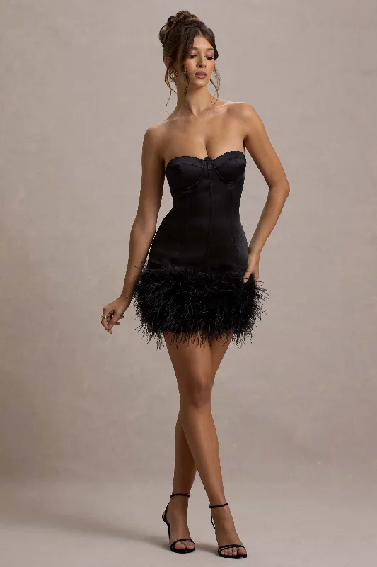 Vampira | Black Satin Corset Feather Mini Dress